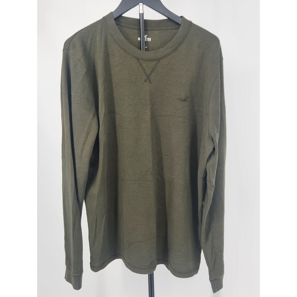 Hollister Mens XL Olive Green Waffle Knit Thermal Long Sleeve Crewneck Shirt